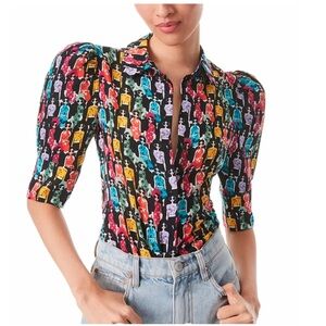 Alice + Olivia Willa Silk Scrunched Puff Sleeve Placket Top in Stace Squad sz S